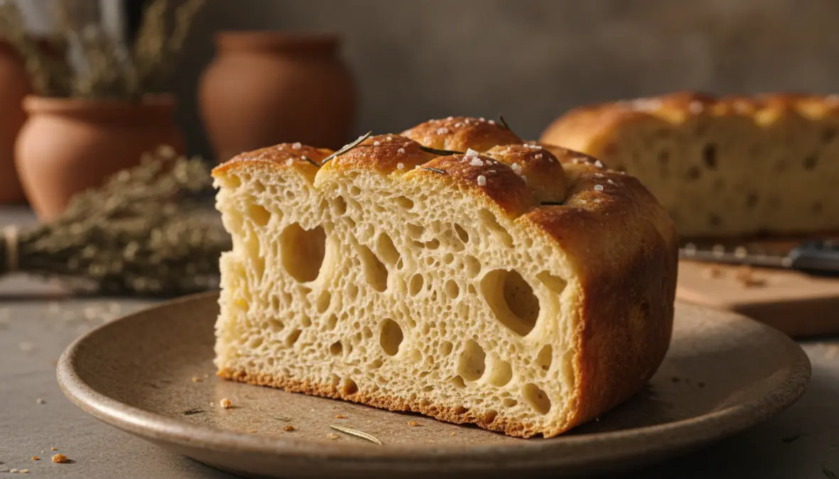 Focaccia alta genovese morbida con alveolatura perfetta dell'impasto