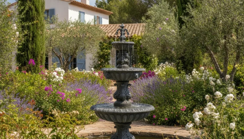 Fontanella da giardino decorativa in ghisa installata in giardino con fiori