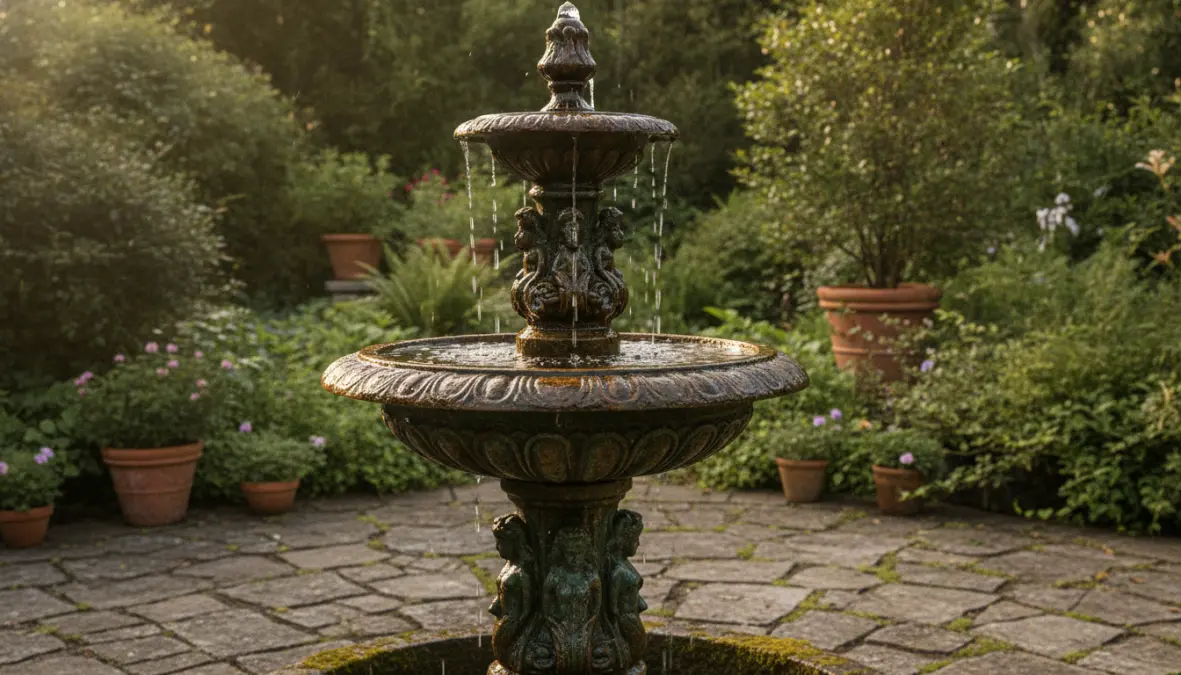 Fontanella da giardino in ghisa stile classico con dettagli decorativi