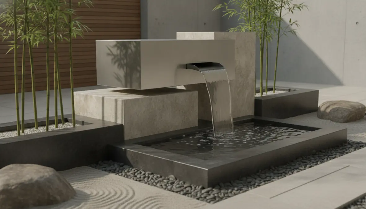 Fontana zen da giardino moderna con design minimalista e pietra naturale