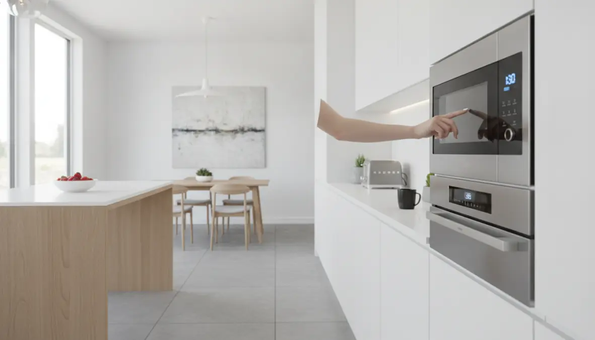 Utilizzo del pannello di controllo di un microonde con grill in cucina moderna