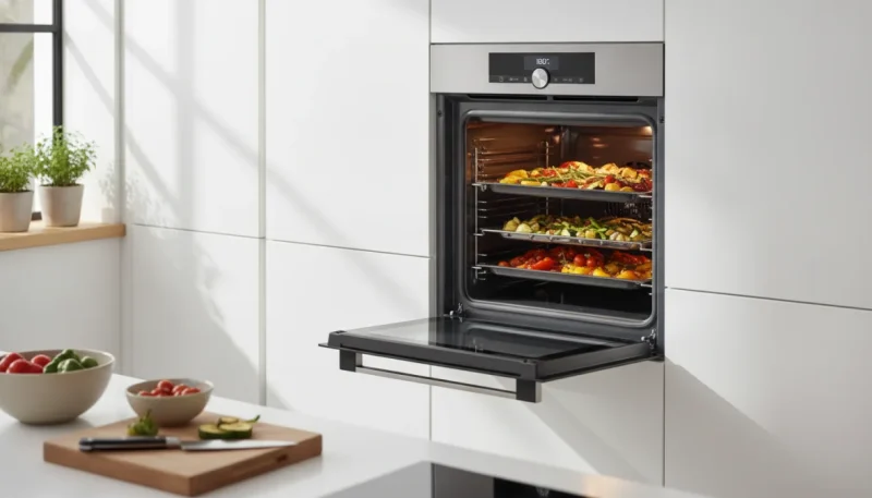 Forno elettrico ventilato moderno in cucina con verdure estive