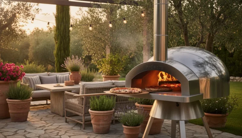 Forno pizza esterno a legna in giardino con pizza napoletana appena sfornata