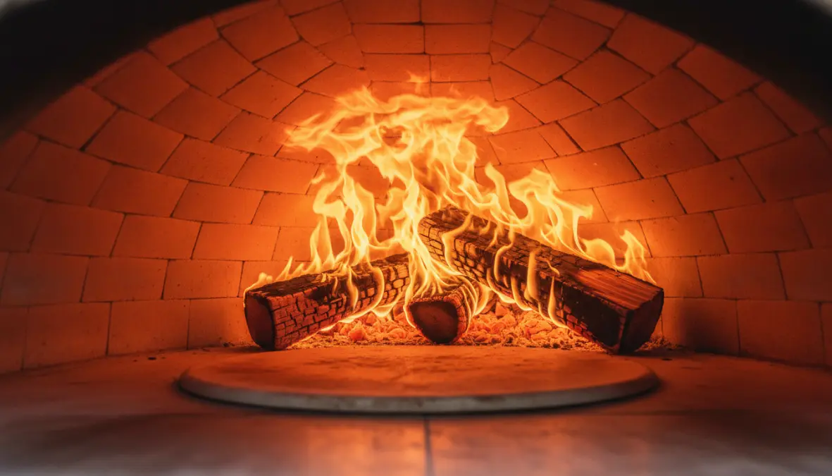 Interno cupola forno pizza a legna con fuoco ardente e pietra refrattaria