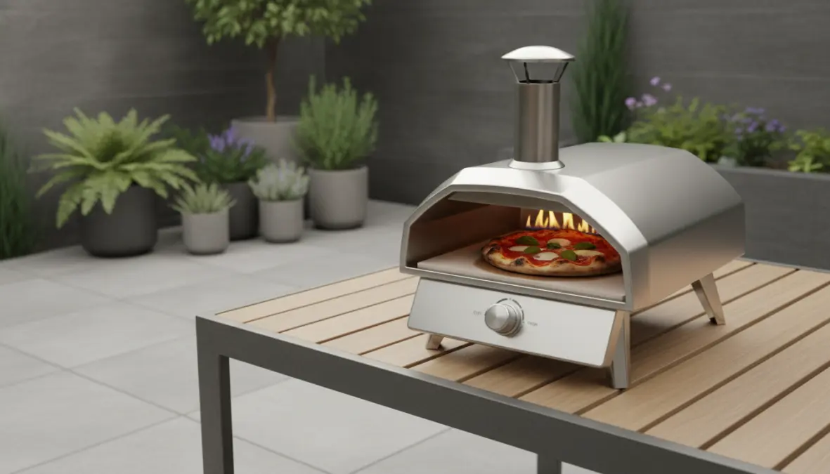 Forno pizza portatile a gas esterno su tavolo da giardino moderno