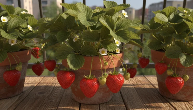 Fragole in vaso coltivate su balcone con frutti maturi e fiori bianchi