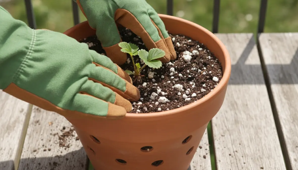 Messa a dimora di piantine di fragole in vaso con terriccio adatto