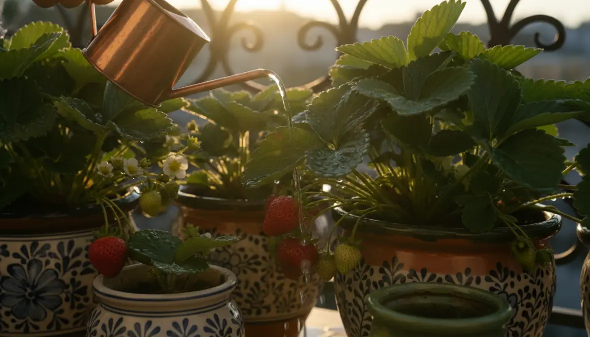 Annaffiatura corretta di fragole in vaso sul balcone