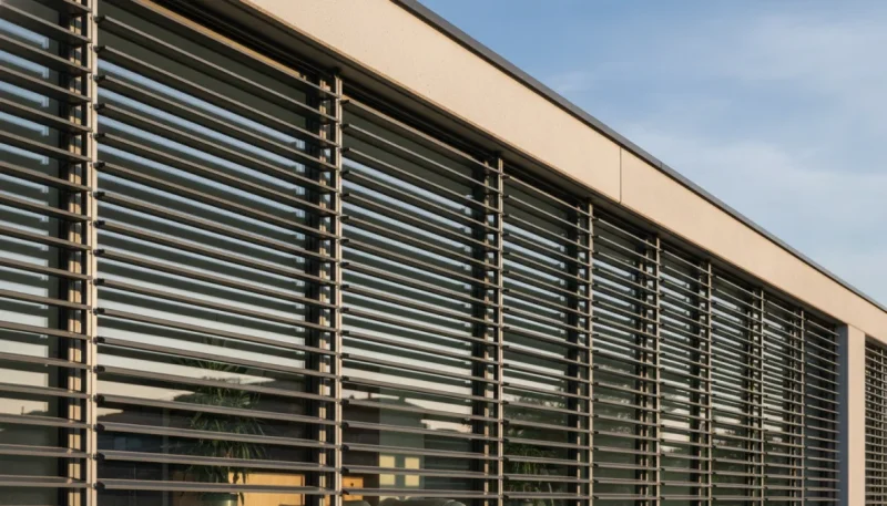 Frangisole esterni in alluminio con lamelle orientabili installati su finestre moderne