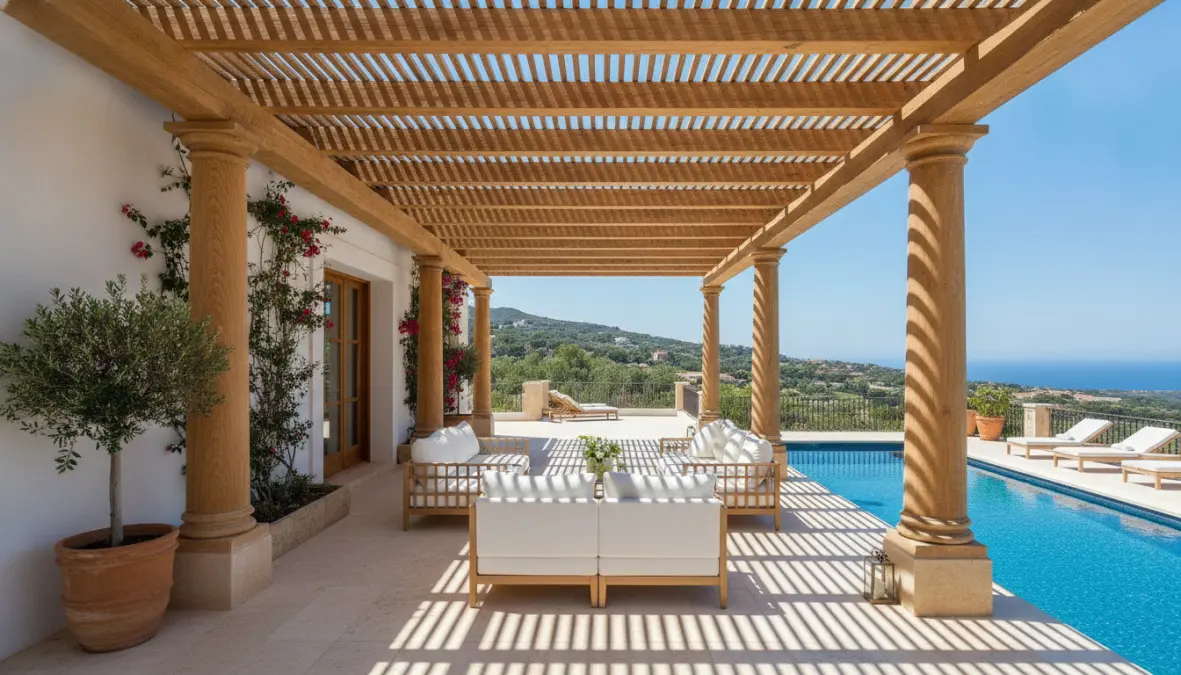 Pergolato frangisole in legno con lamelle orientabili per terrazza esterna