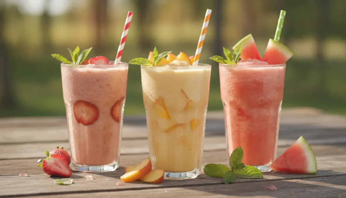Frappè alla frutta fresca estivi con fragola, pesca e anguria