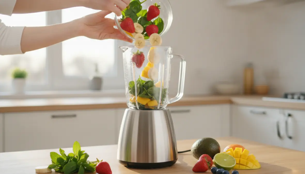 Preparazione di frullati freschi e nutrienti con frutta di stagione nel frullatore