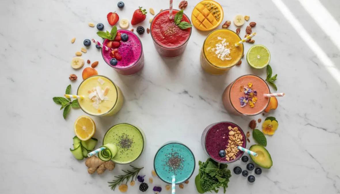 Dieci ricette diverse di frullati estivi veloci con frutta fresca e ingredienti salutari