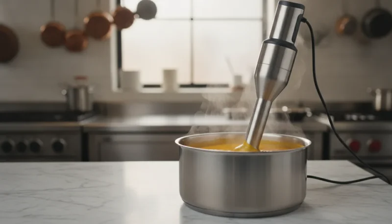 Frullatore a immersione professionale in uso per preparare vellutata cremosa in cucina moderna