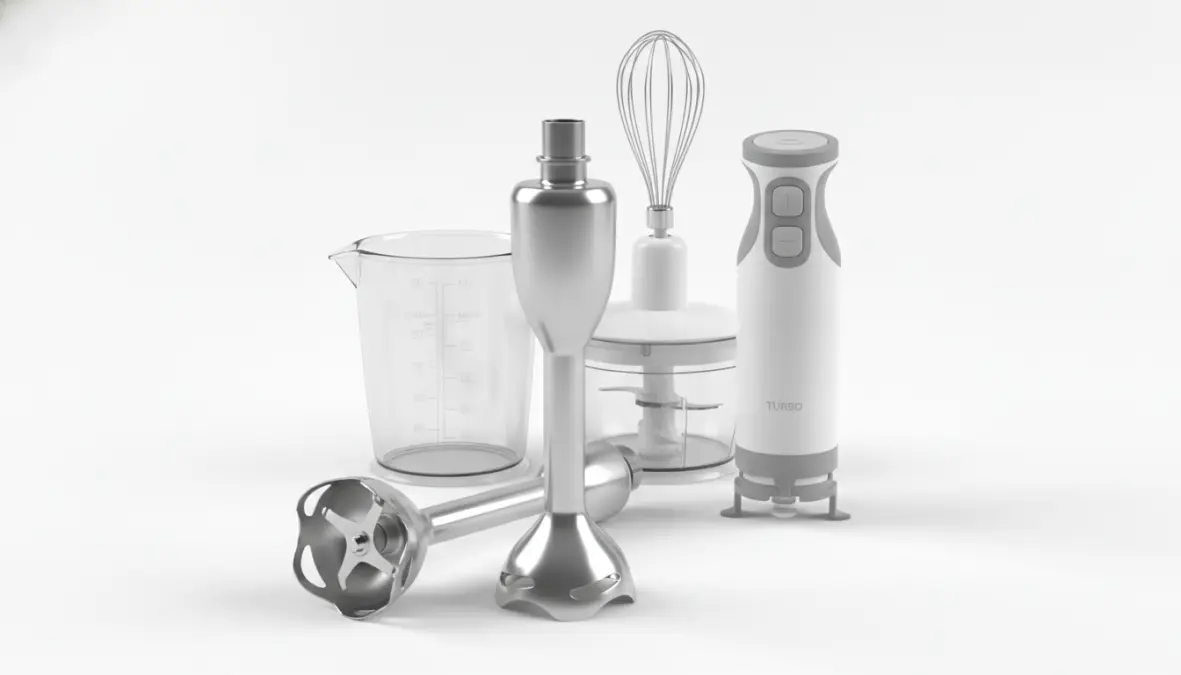 Componenti di un frullatore a immersione con lame in acciaio inox e accessori intercambiabili