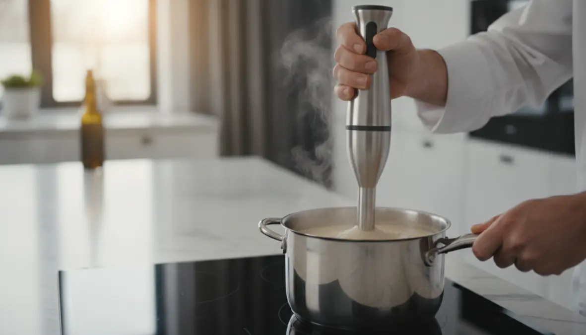 Utilizzo pratico del frullatore ad immersione professionale in cucina per preparare passati