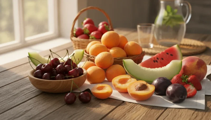 Varietà di frutta fresca di stagione del mese di giugno su tavolo di legno