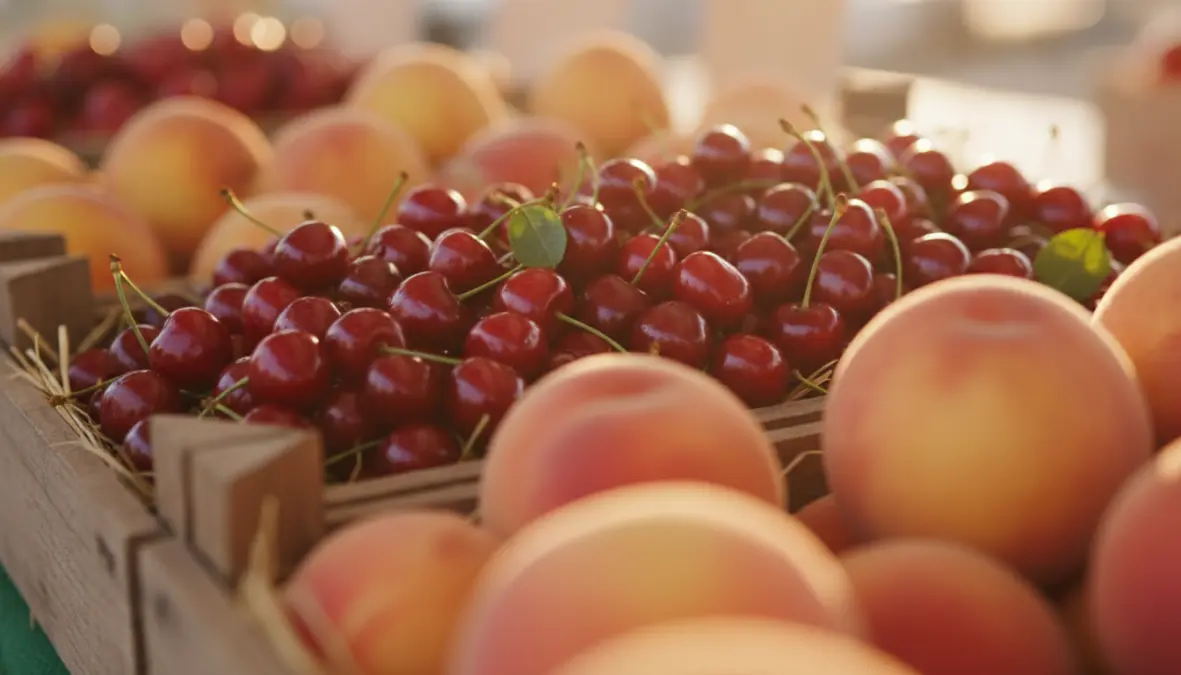 Ciliegie e pesche fresche di stagione a giugno al mercato