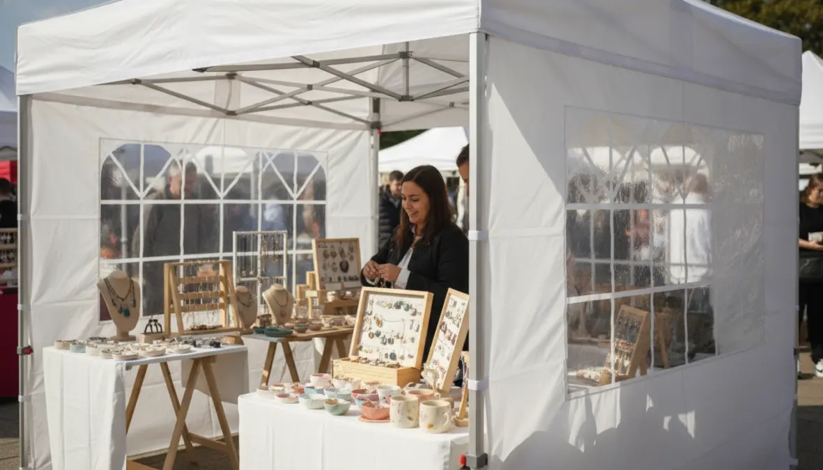 Gazebo pieghevole per fiere e mercatini con pareti laterali e struttura in alluminio