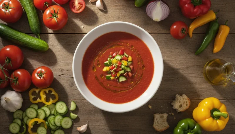 Gazpacho andaluso servito in ciotola con verdure fresche e olio d'oliva