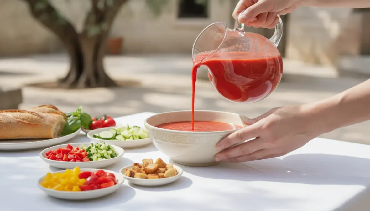 Preparazione del gazpacho spagnolo con pomodori maturi e verdure fresche