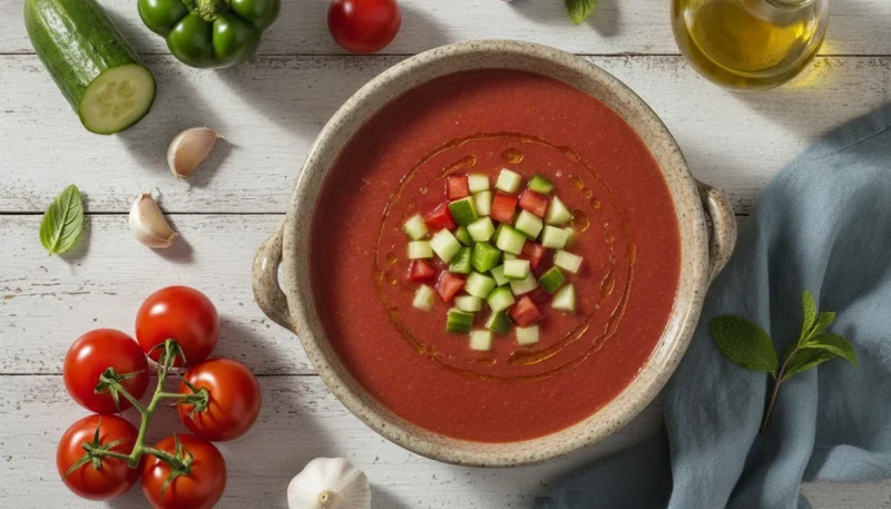 Gazpacho andaluso autentico servito in ciotola con verdure fresche e olio d'oliva