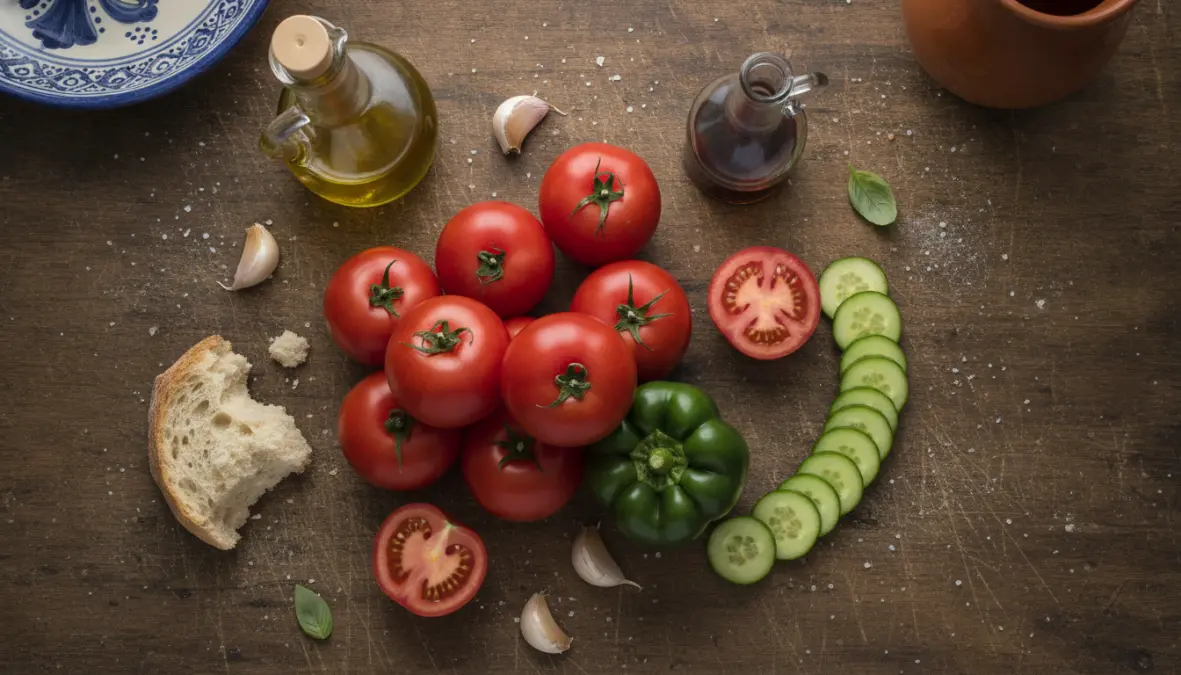 Ingredienti freschi per gazpacho originale: pomodori, peperone, cetriolo, aglio, pane e olio