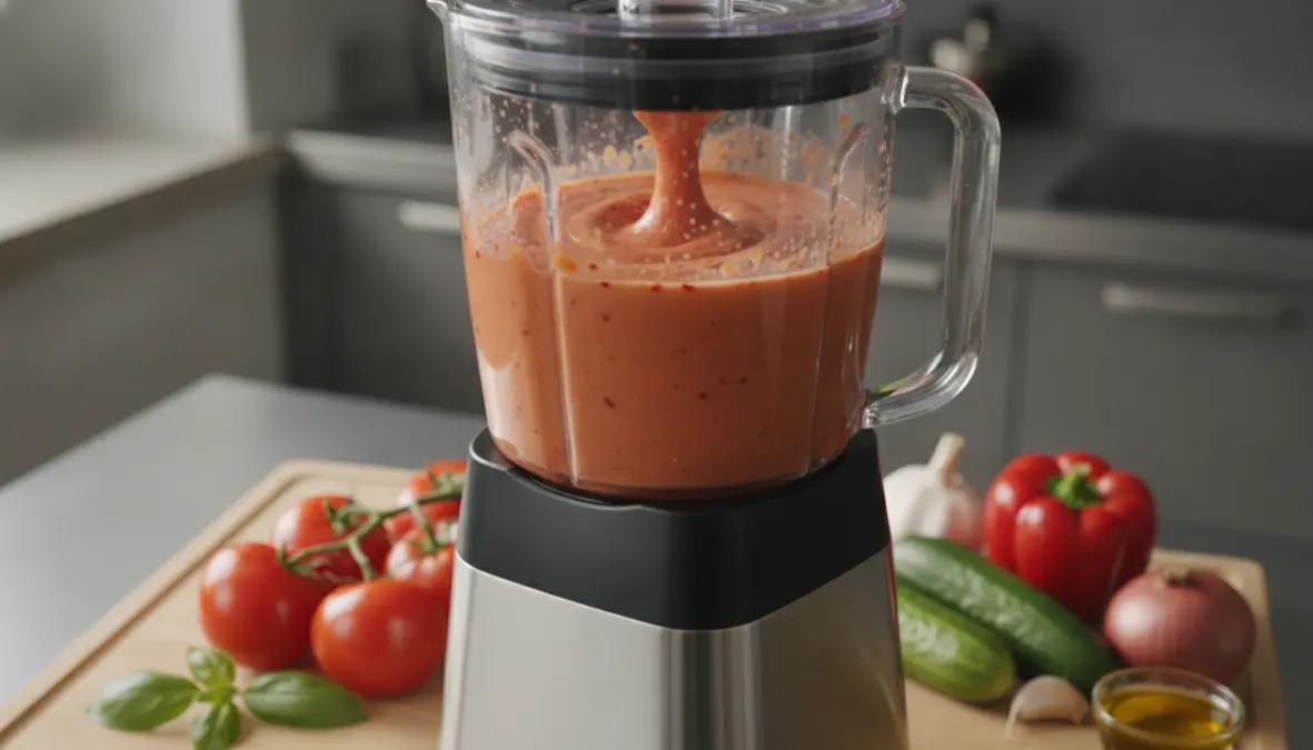 Preparazione gazpacho: frullatura delle verdure per ottenere la consistenza cremosa perfetta