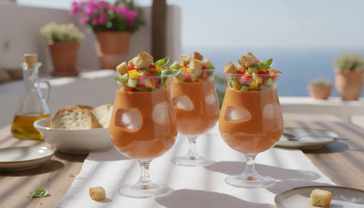 Gazpacho freddo servito in bicchieri con guarnizioni tradizionali, perfetto antipasto estivo