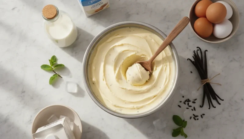 Gelato fatto in casa artigianale con ingredienti freschi su piano di lavoro