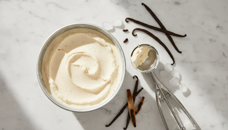 Gelato fatto in casa cremoso alla vaniglia senza gelatiera su piano da cucina