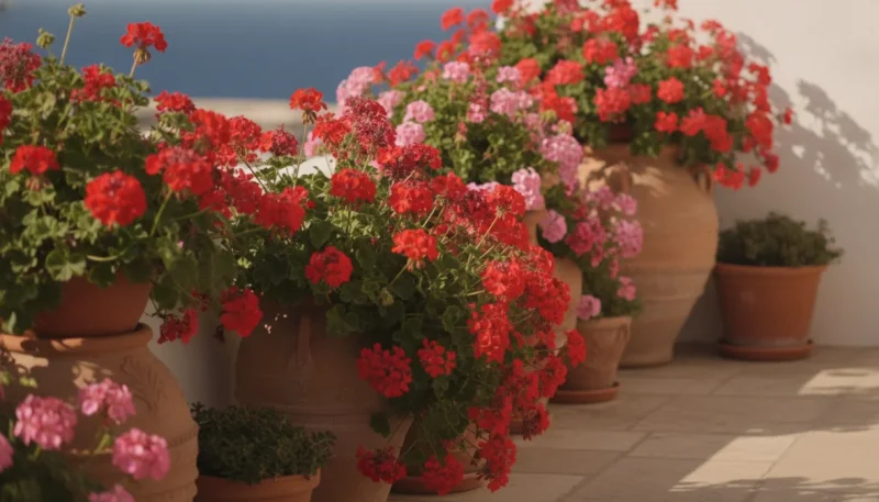 Gerani rossi e rosa fioriti in vasi su balcone soleggiato