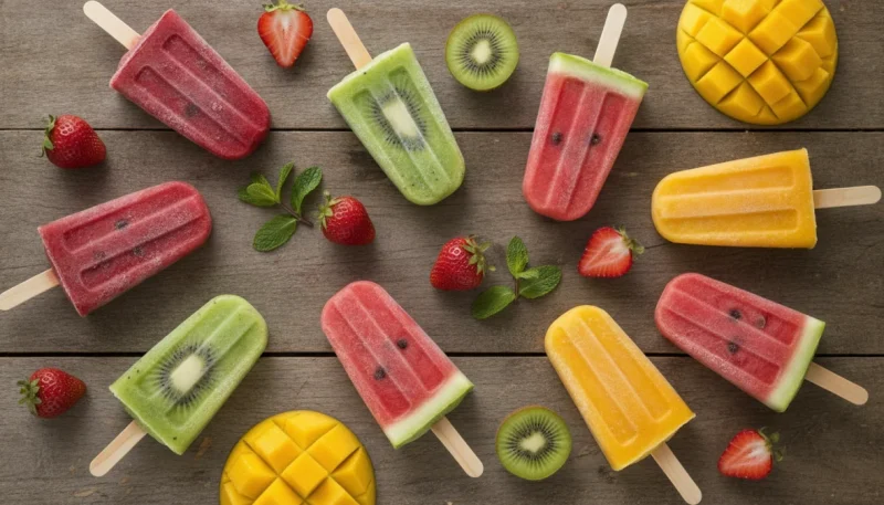 Ghiaccioli fatti in casa colorati alla frutta su tavolo di legno con ingredienti freschi