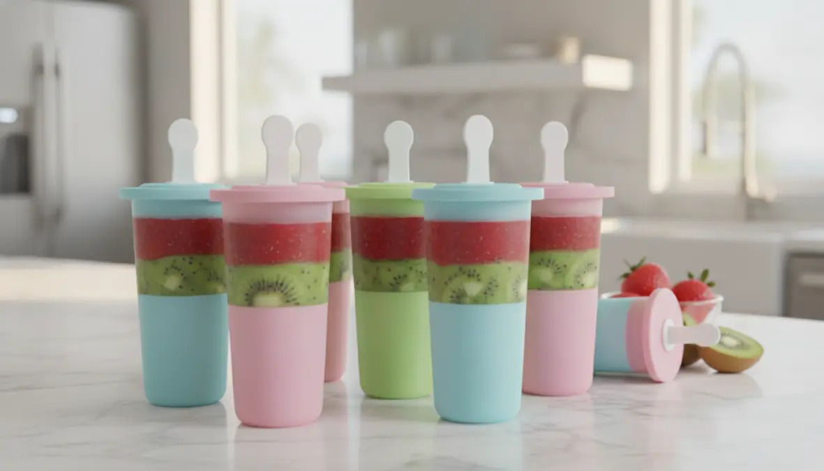 Stampi per ghiaccioli in silicone con frullati di frutta a strati pronti per il congelamento