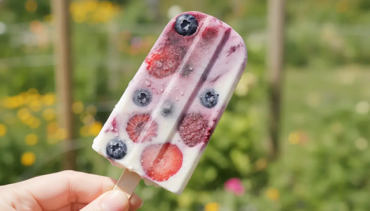 Ghiacciolo cremoso allo yogurt greco e frutti di bosco appena estratto dallo stampo
