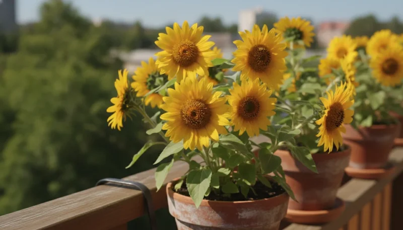 Girasoli nani in vaso coltivati su balcone soleggiato