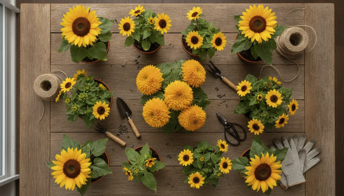 Varietà di girasoli nani ornamentali in vaso per balcone