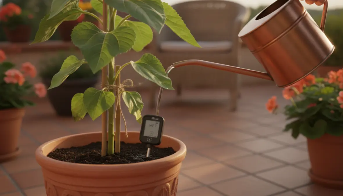 Cura e annaffiatura girasoli in vaso sul terrazzo