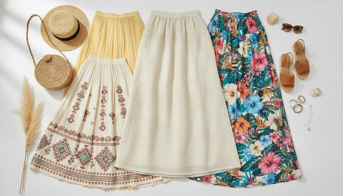 Diversi modelli di gonna lunga estiva: in lino, a fiori, a pieghe e stile boho