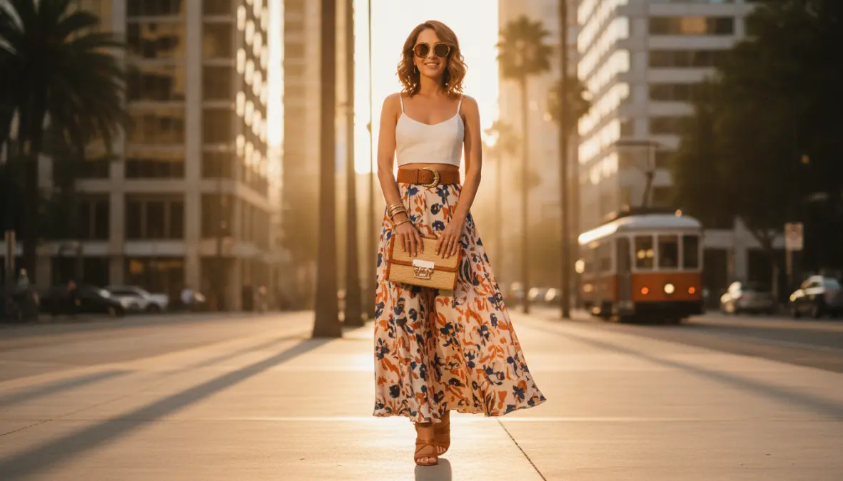 Come abbinare gonna lunga estiva elegante con crop top e accessori
