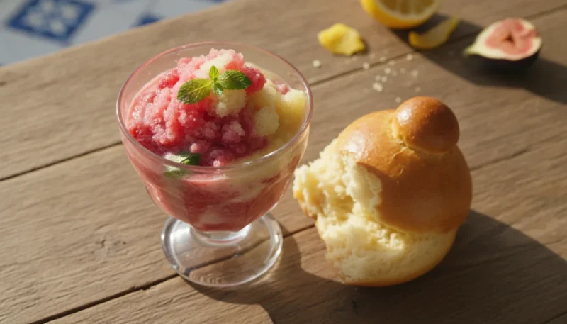 Granita siciliana servita con brioche col tuppo su tavolo in legno