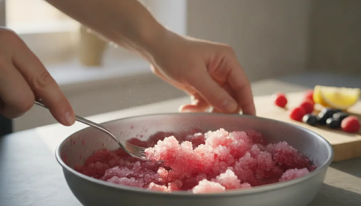 Processo di mantecazione della granita siciliana con forchetta