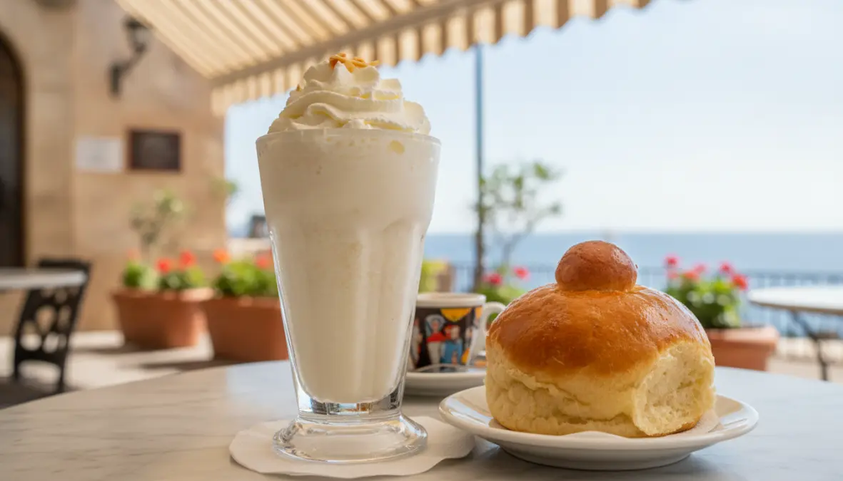 Granita alla mandorla messinese con panna montata e brioche