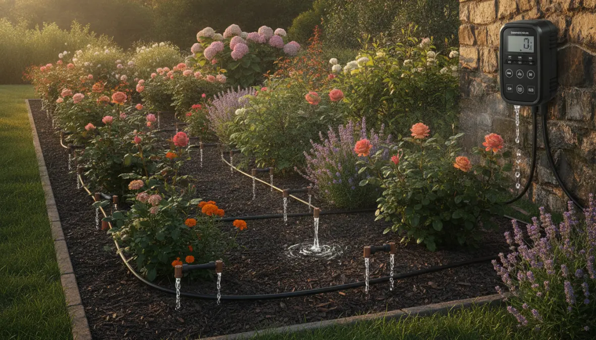 Sistema di irrigazione a goccia automatico con centralina timer in funzione nel giardino