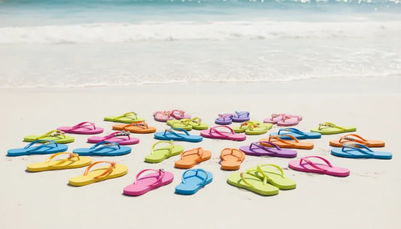 Infradito colorate sulla spiaggia con mare sullo sfondo, calzature estive per mare e piscina