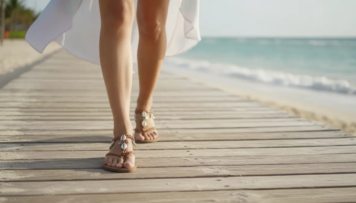 Donna che indossa infradito eleganti passeggiando sul lungomare, sandali estivi comodi