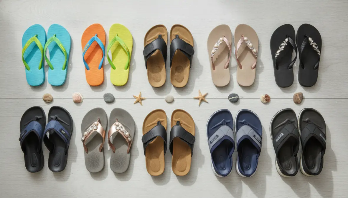Collezione di diversi modelli di infradito: mare, ortopediche, eleganti e sportive