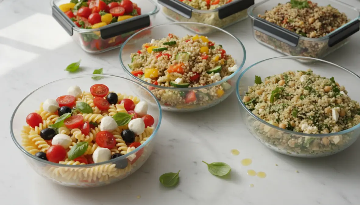 Insalate fredde con cereali e pasta preparate per meal prep estivo