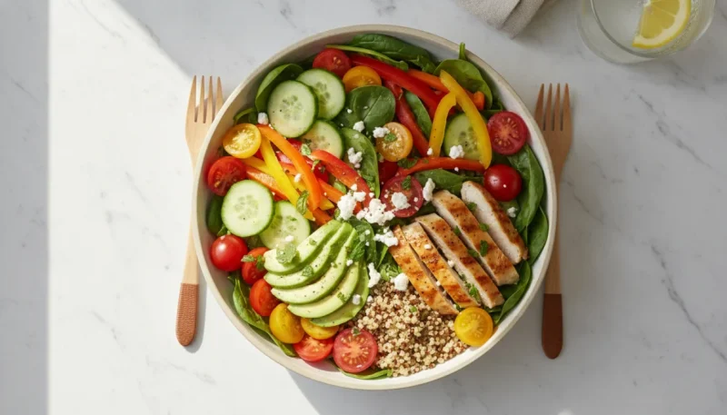 Insalata estiva fresca e colorata con verdure di stagione, proteine e cereali per pranzi leggeri