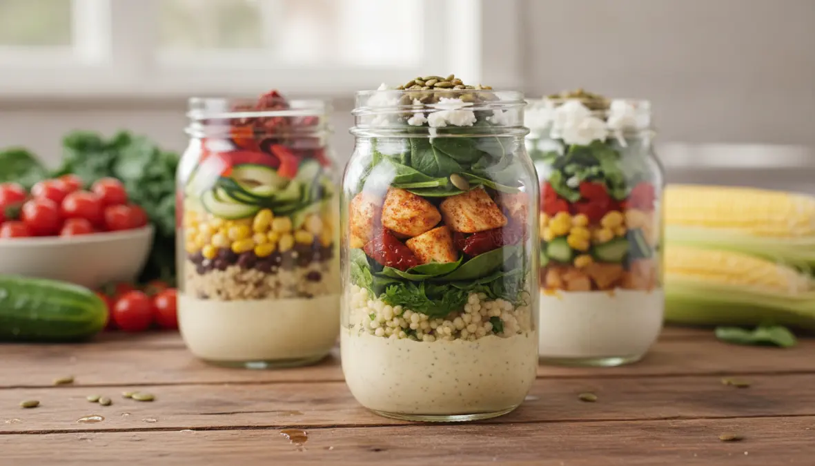 Preparazione meal prep di insalate estive light in barattoli di vetro con ingredienti freschi